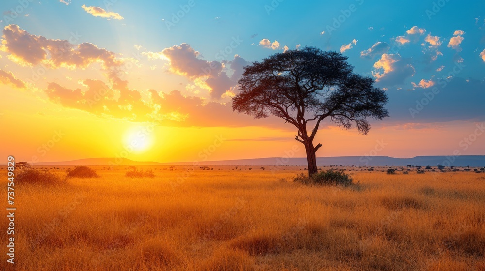 the sun is setting over a field with a tree in the foreground and a herd of giraffes in the distance.
