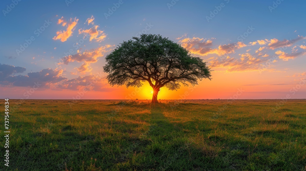a tree in the middle of a field with the sun setting in the background and clouds in the sky above it.