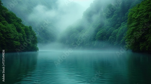 a body of water surrounded by trees in the middle of a forest filled with fog and low hanging low hanging low hanging low hanging low hanging low hanging low hanging low hanging low.