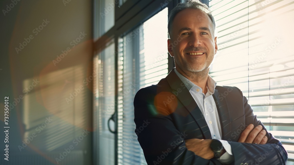 a business man in front of a window in his office a business man in front of a window in his office