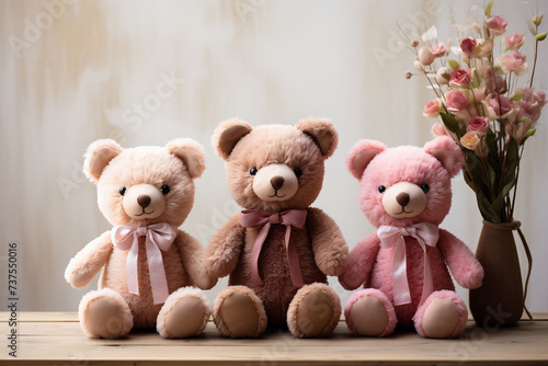 Three cute teddy bears in brown and pink colors with bows sit on a wooden surface with flowers in the background on a beige backdrop. Used for eco friendly kids toys