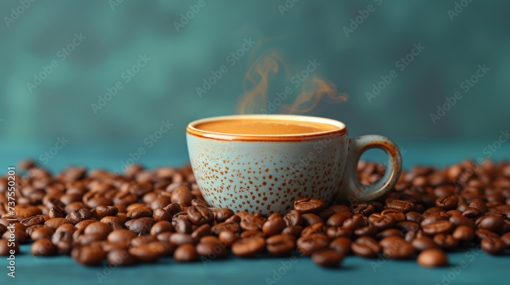 a cup of coffee with steam rising out of it sitting on a pile of coffee beans on a blue surface. a cup of coffee with steam rising out of it sitting on a pile of coffee beans on a blue surface.