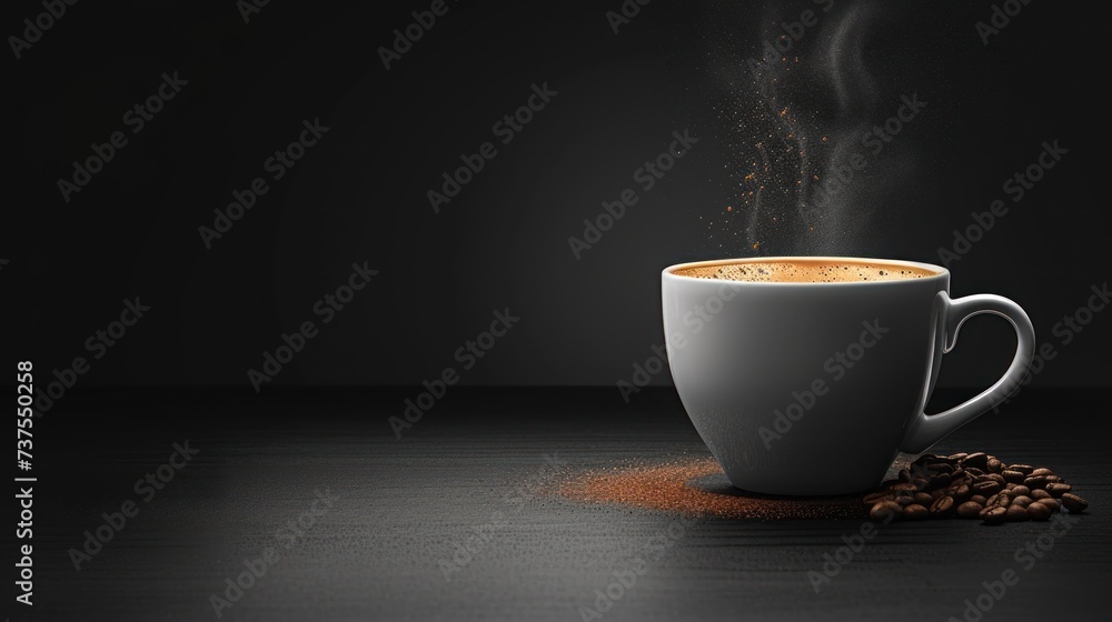 a cup of coffee with steam rising out of it and coffee beans scattered around it on a dark surface with a black background. a cup of coffee with steam rising out of it and coffee beans scattered around it on a dark surface with a black background.
