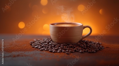 a cup of coffee with steam rising out of it on top of a pile of coffee beans on a table.