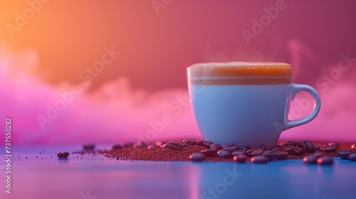 a cup of coffee sitting on top of a table next to a pile of coffee beans and a pink background.
