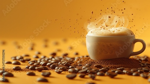 a cup of coffee with steam rising out of it on a table with coffee beans scattered around it on a yellow background.