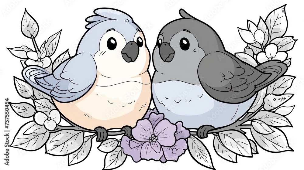 two birds sitting next to each other on a branch with leaves and flowers around them and one bird has its head on the other side of the other bird's head. two birds sitting next to each other on a branch with leaves and flowers around them and one bird has its head on the other side of the other bird's head.