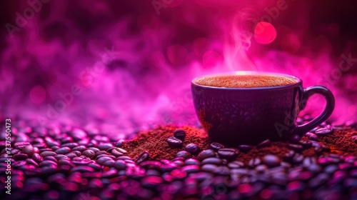 a cup of coffee sitting on top of a pile of coffee beans on top of a pile of coffee beans.