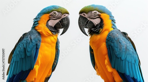 two colorful parrots standing next to each other with their beaks touching each other with their beaks open. © Shanti