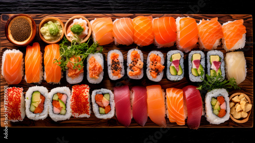 An assorted sushi and sashimi platter on a wooden board invites a rustic yet refined dining experience, blending the warmth of wood with the delicacy of the sea.