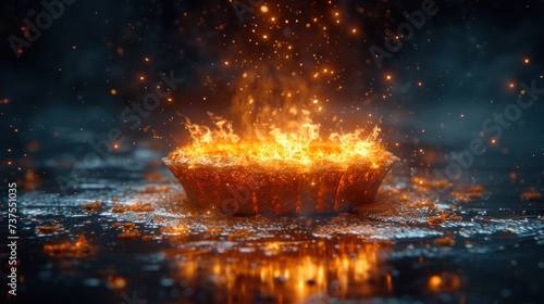 a close up of a cupcake on a table with a lot of fire coming out of the top of it.