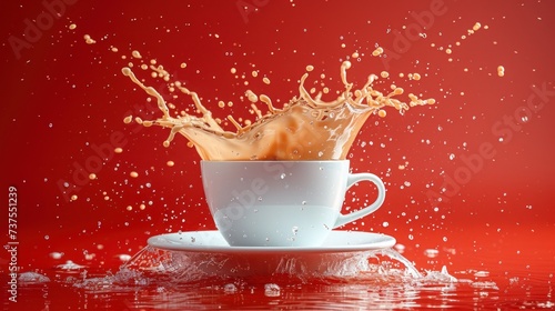 a cup of coffee with a splash of liquid on the top of it on a saucer on a red background.