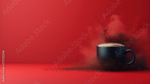 a cup of coffee with steam coming out of it on a red background with a splash of sugar coming out of it.