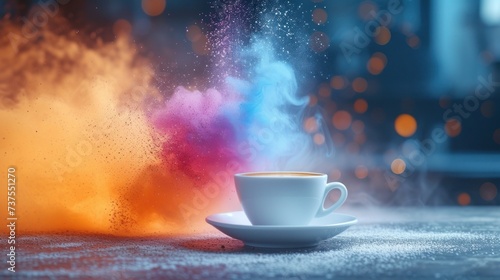 a cup of coffee sitting on top of a saucer next to a saucer with colored powder coming out of it.