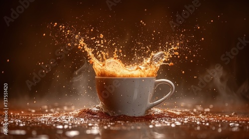a cup of coffee with a liquid splashing out of it on a wooden table in front of a dark background.