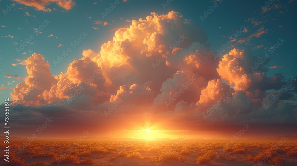 the sun is setting in the middle of a vast expanse of clouds in a blue sky with yellow and orange colors.
