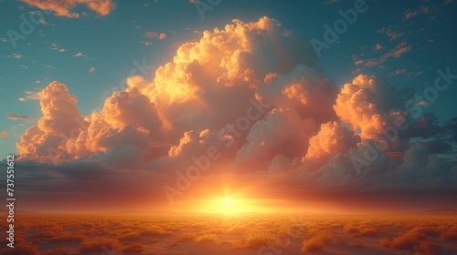 the sun is setting in the middle of a vast expanse of clouds in a blue sky with yellow and orange colors. © Shanti