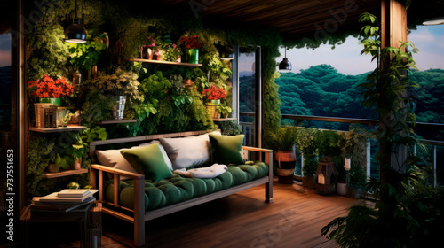 Twilight descends on a lush balcony garden, its comfortable seating beckoning for moments of relaxation and a deeper connection with the tranquil whispers of nature.
