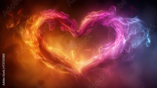 a picture of a heart made of fire and smoke on a black background with a red  yellow  and blue heart in the middle.