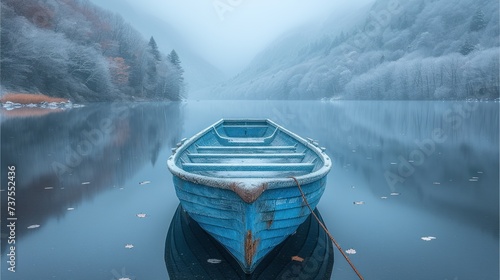 a blue boat sitting on top of a lake next to a forest filled with snow covered mountains on a foggy day.