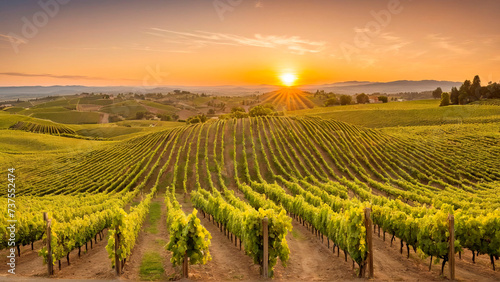 Sunset bathes a vineyard in golden light, with sunbeams highlighting rows of grapevines over rolling hills, capturing the essence of serene agriculture.