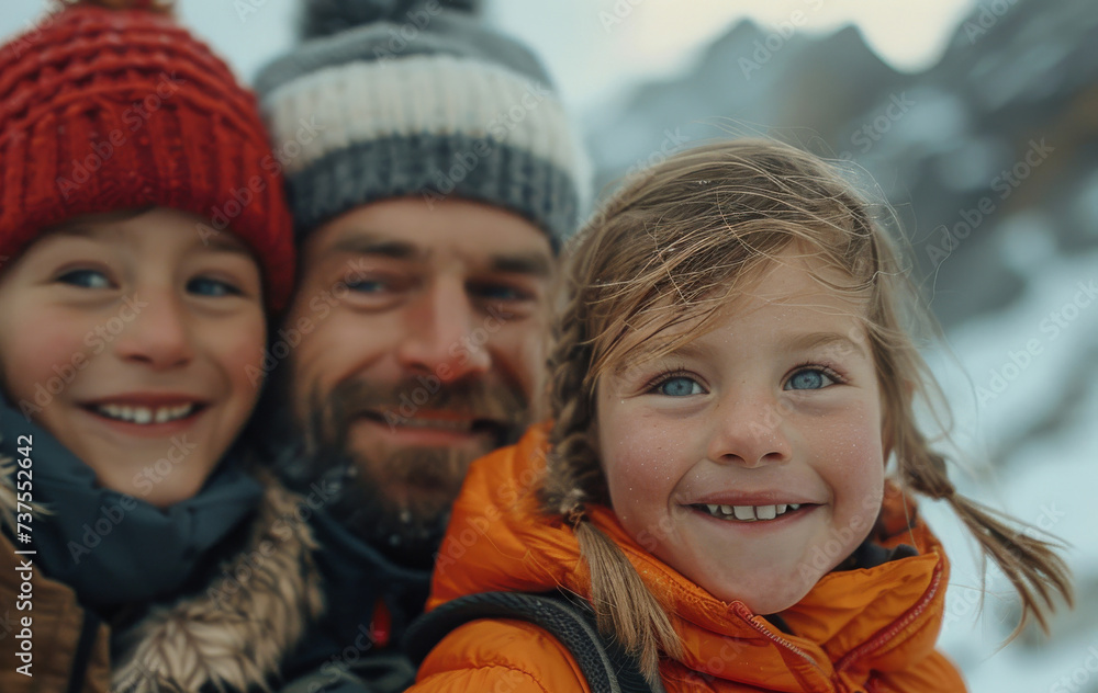 A family of three bundles up in winter attire, beaming with joy as they capture a sweet moment together in the snowy outdoors with a cozy bonnet, knit cap, and scarf A family of three bundles up in winter attire, beaming with joy as they capture a sweet moment together in the snowy outdoors with a cozy bonnet, knit cap, and scarf
