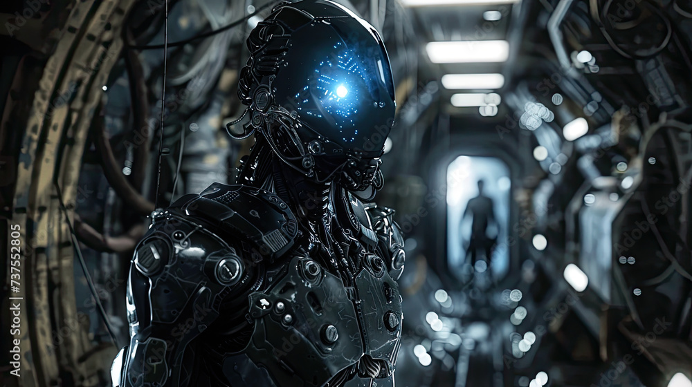 Alien soldier inside spaceship, futuristic military cyborg in dark spacecraft. Extraterrestrial warrior with equipment close-up. Concept of robot, future, space war, ufo, technology Alien soldier inside spaceship, futuristic military cyborg in dark spacecraft. Extraterrestrial warrior with equipment close-up. Concept of robot, future, space war, ufo, technology