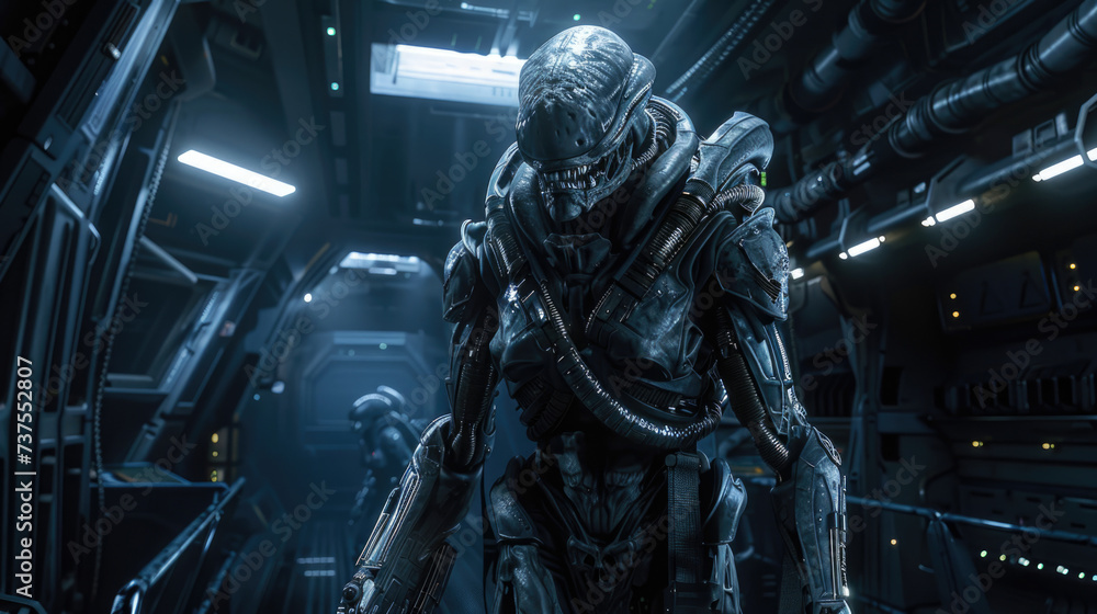 Armed scary alien warrior inside spaceship, futuristic military cyborg in dark spacecraft, extraterrestrial soldier holding weapon. Concept of robot, future, space war, sci-fi, ufo Armed scary alien warrior inside spaceship, futuristic military cyborg in dark spacecraft, extraterrestrial soldier holding weapon. Concept of robot, future, space war, sci-fi, ufo