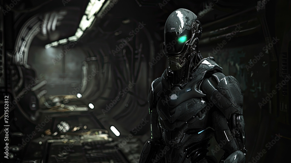 Naklejka premium Alien soldier inside spaceship, futuristic scary military cyborg in dark tunnel. Extraterrestrial warrior with equipment close-up. Concept of robot, future, space war, sci-fi, fantasy