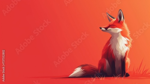 a painting of a red fox sitting on the ground looking off into the distance with grass in the foreground. photo