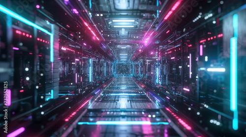 Digital virtual tunnel in cyberspace, abstract database texture background. Perspective of futuristic corridor, dark space of data and neon lights. Concept of technology, future, network