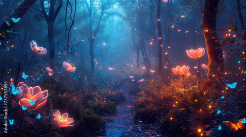 Fantasy fairy tale forest at night, beautiful luminous flowers and stream in dark fairytale woods. Glowing plants and magical lights in wonderland. Concept of nature, swamp photo