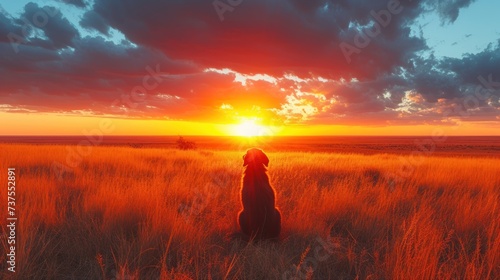 a dog sitting in the middle of a field watching the sun go down in the distance with clouds in the sky. #737552891