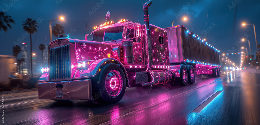 a pink semi truck driving down a city street at night with lights on the side of it's cab.