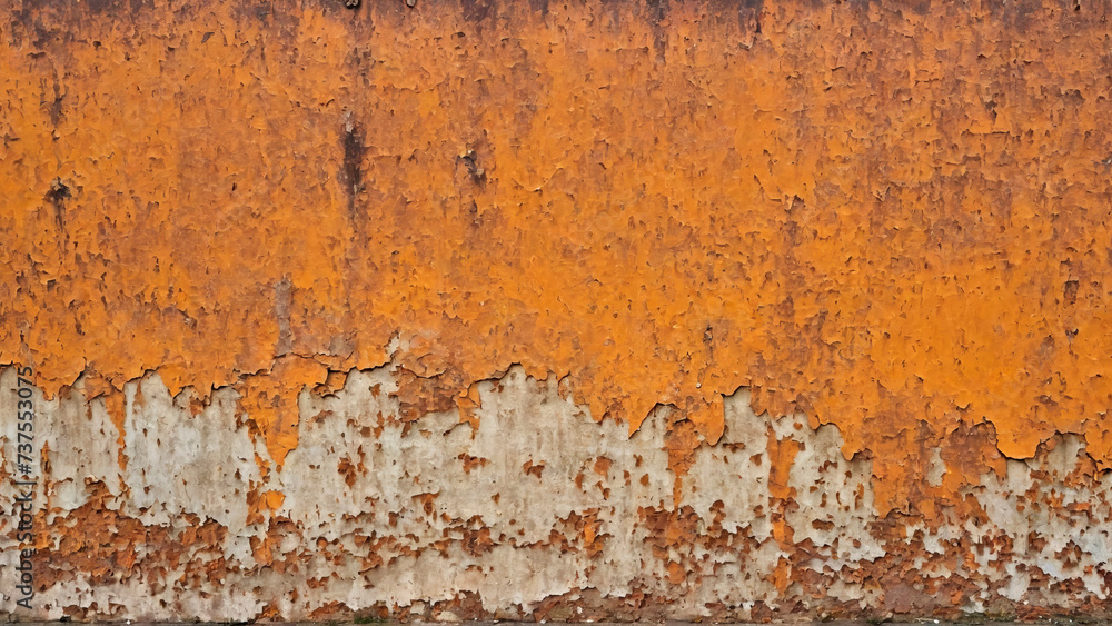 Rusted metal texture with flaking orange paint and corrosion, providing a grungy, industrial background perfect for adding character and history.