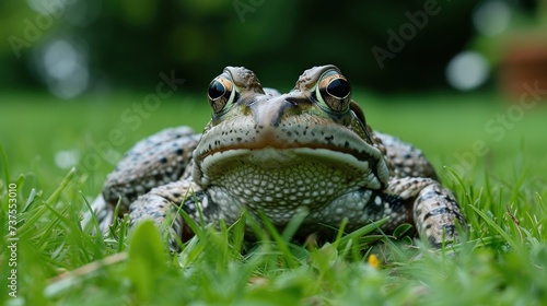 a close up of a frog sitting in a field of grass with its eyes open and eyes wide open, with a blurry background of trees and grass.