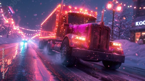 a large semi truck driving down a snow covered road next to a neon lit street light in a city at night.