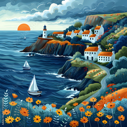 Idyllic Coastal Village at Sunset with Lighthouse and Sailing Boat