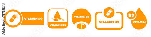 Vitamin B 9 vector labels isolated on white. Vitamin stickers set.