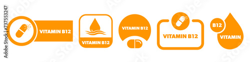 Vitamin B 12 vector labels isolated on white. Vitamin stickers set.