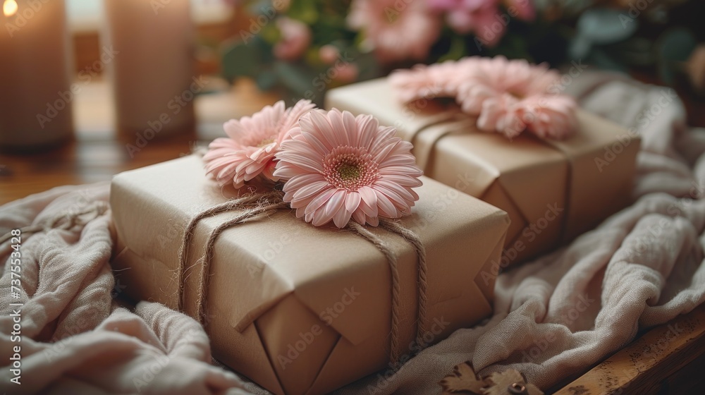 a couple of wrapped presents sitting on top of a table next to a vase with flowers on top of it. a couple of wrapped presents sitting on top of a table next to a vase with flowers on top of it.