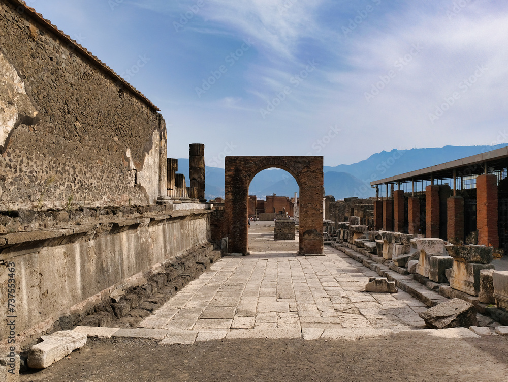 Pompeii Forum, is the main square of the ancient Roman city of Pompeii,Italy.It was the center of political,religious,and commercial life in the city,and was surrounded by important public buildings