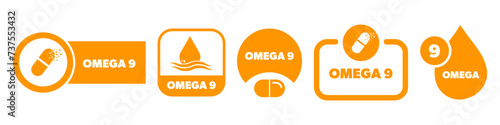 Omega 9 vector labels isolated on white. Vitamin stickers set.