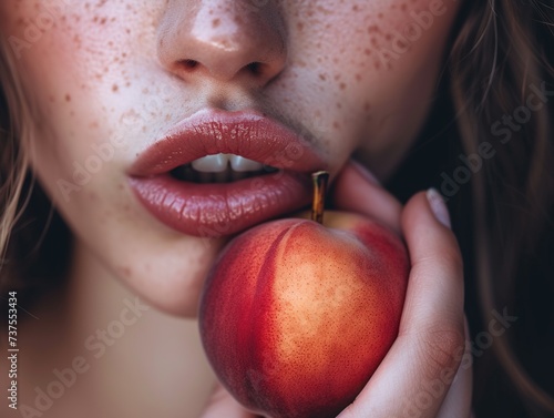 Close-up portrait of a young beautiful woman with a peach pressed up against cheek.
