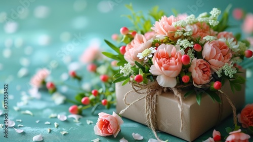 a bouquet of flowers in a gift box on a blue surface with petals and petals scattered all over the surface.