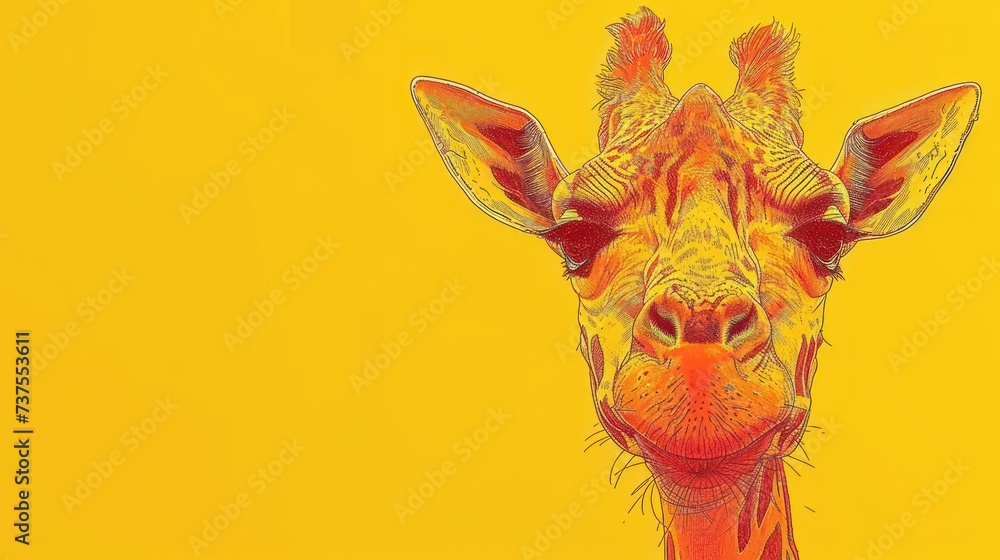 a close up of a giraffe's face on a yellow background with a red and yellow background.