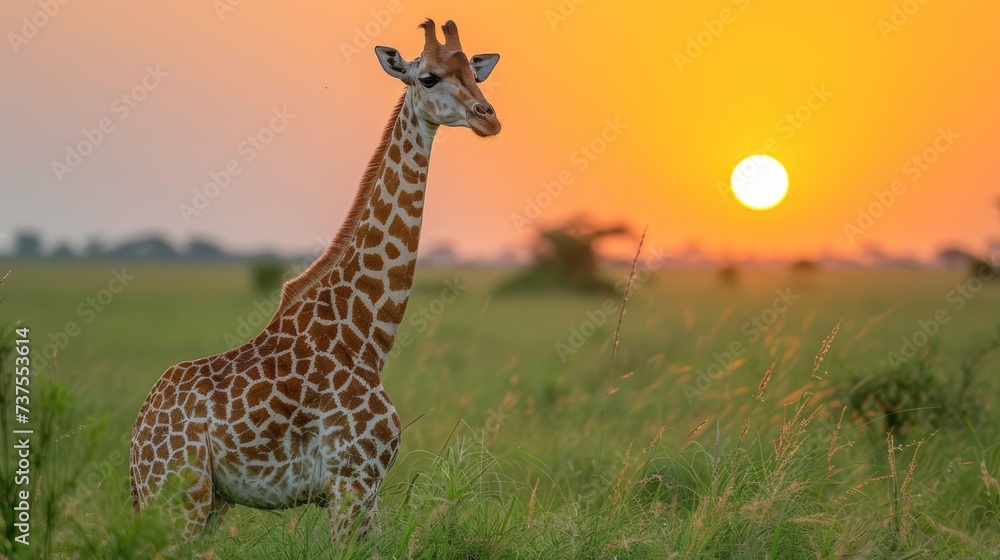 a giraffe standing in the middle of a grassy field with the sun setting in the distance behind it.