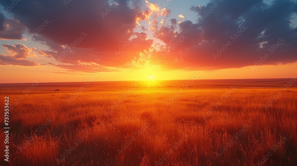 the sun is setting over a field of tall grass with a lone cow in the distance in the foreground. the sun is setting over a field of tall grass with a lone cow in the distance in the foreground.