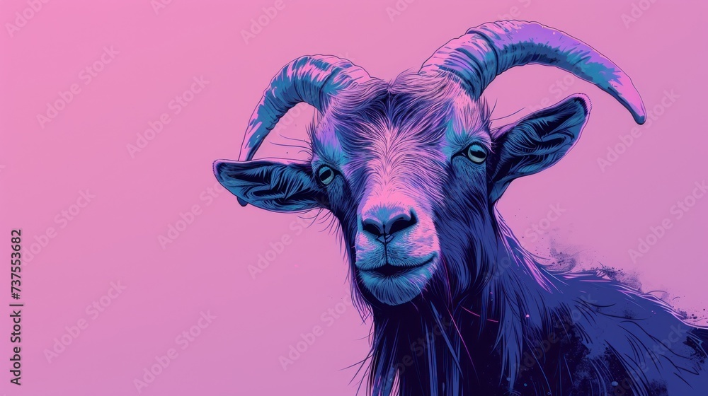 a close up of a goat's head on a pink and blue background with a pink sky in the background. a close up of a goat's head on a pink and blue background with a pink sky in the background.