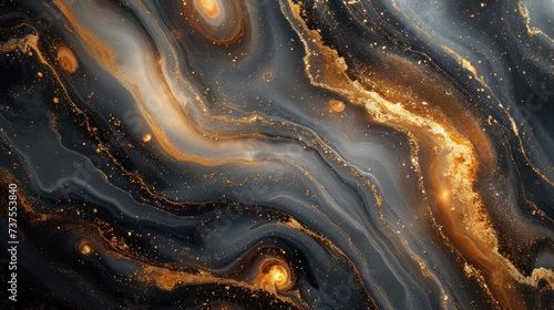 a close up of a black and gold swirl with gold flecks on the bottom of the swirl and gold flecks on the bottom of the swirl.